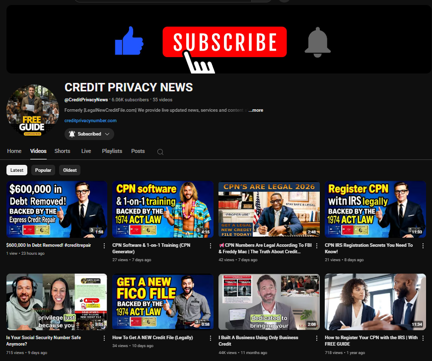 FREE CPN Number 800 Credit Score Guide 4 CreditPrivacyNews youtube channel