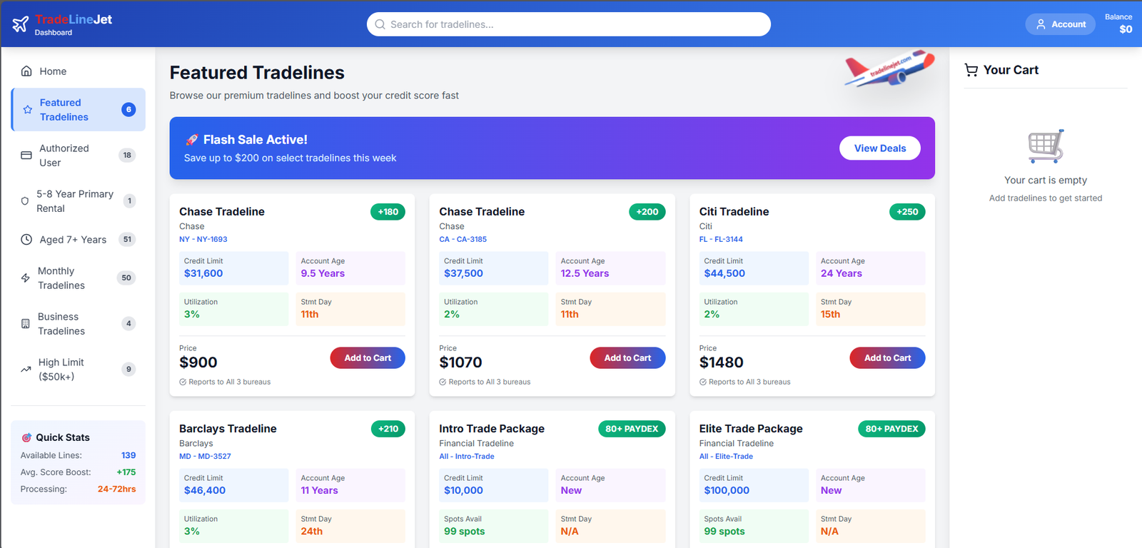 Business Build-Out Dashboard Application 8 Trade Line Jet Dashboard - Trade Lines Management