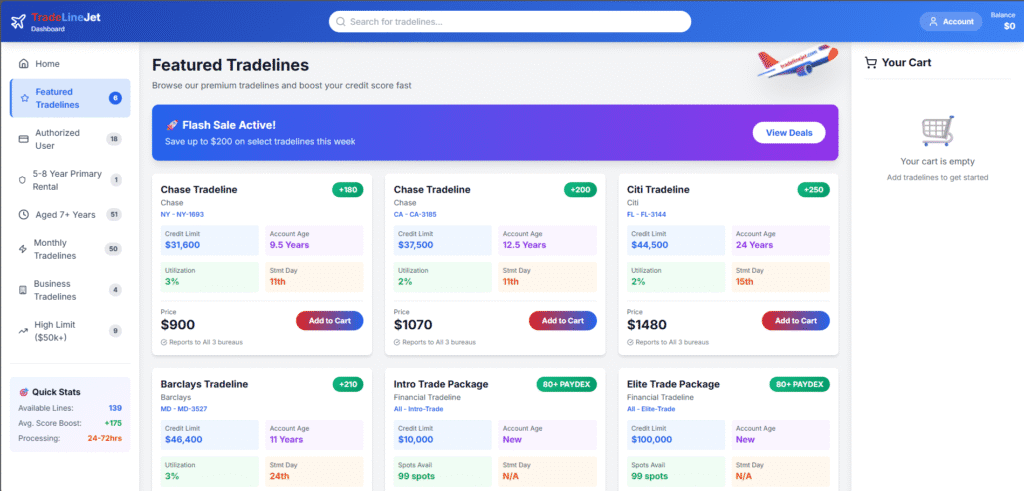 Trade line jet dashboard Authorize User trade lines Business Trade Lines rental primary trade lines
